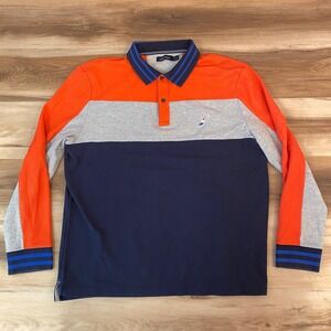 Nautica Rugby Shirt Color Block Polo Mens XL Orange Gray Navy Rugby Logo
